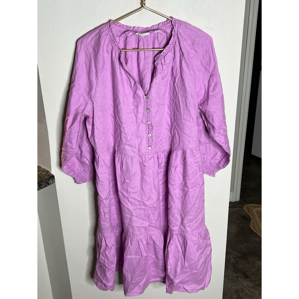 J. Jill Love Linen Tiered Babydoll Dress XL Purple Long Sleeve Smocked
